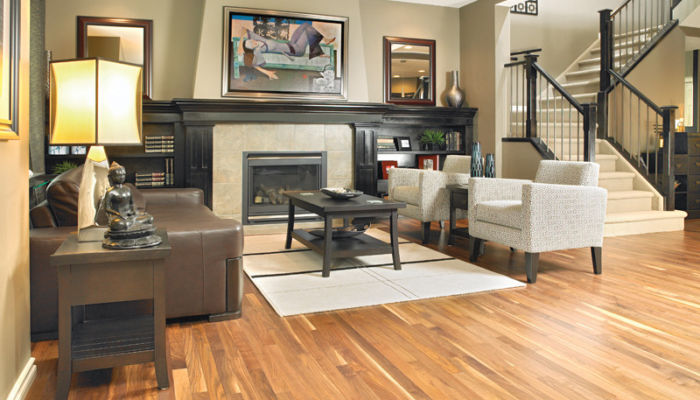 Living room with a natural American Walnut hardwood floor.